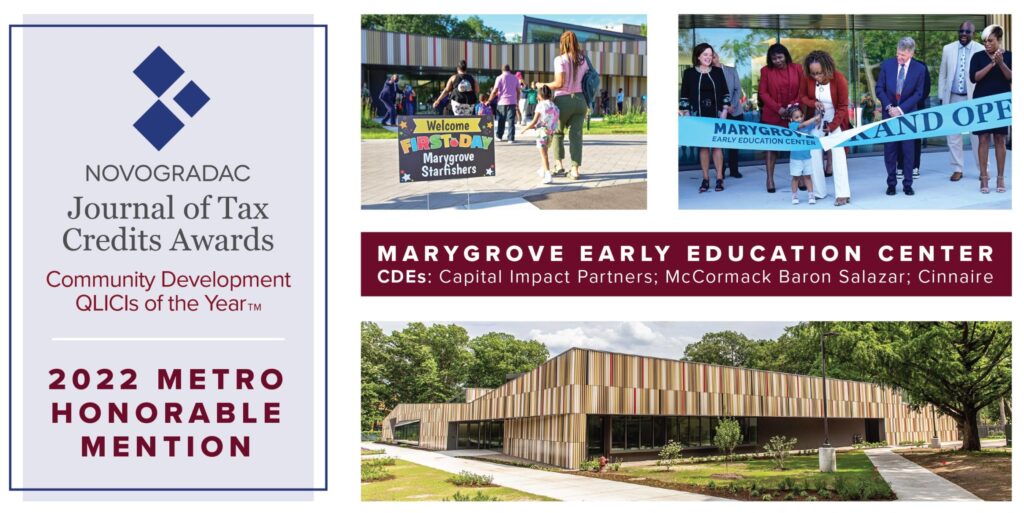 Announcement of Marygrove recognized as a Novogradac community development of the year, with photos of early education building and ribbon cutting