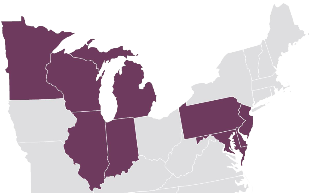 Map with Cinn states in purple: WI, MN, MI, IN, IL, PA, NJ and DE
