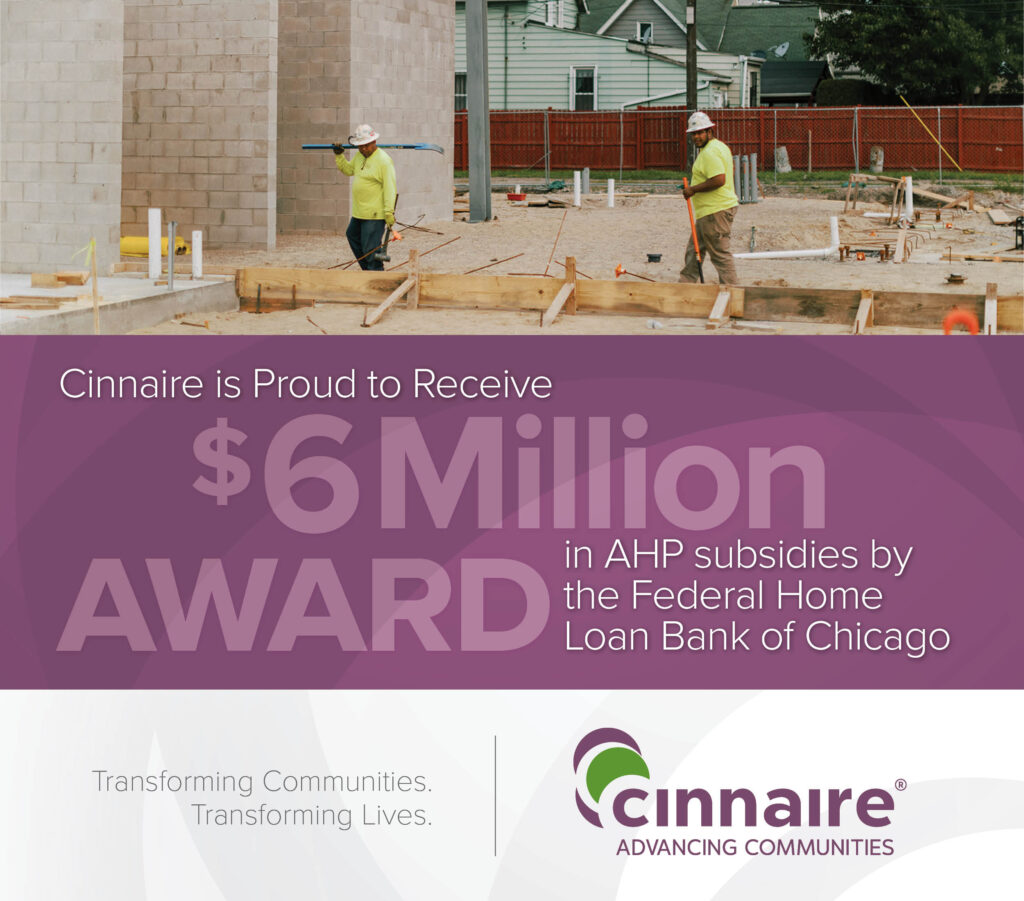 Graphic with picture of construction workers and text stating Cinnaire received $6 million in AHP Awards