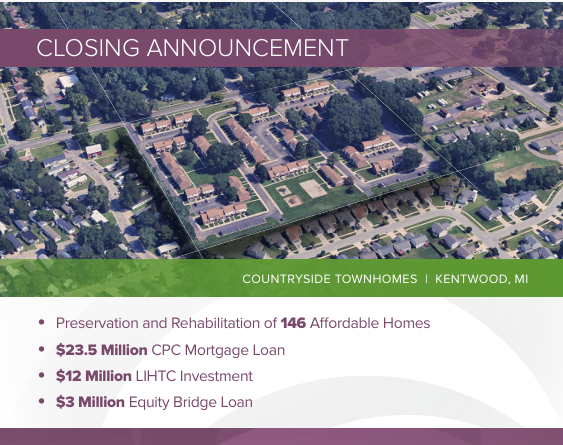 Graphic announcing funding for Coountryside Townhomes project