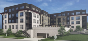Exterior rendering of 4-story apartment building